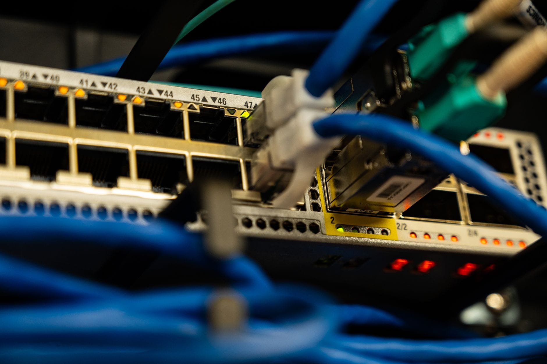 Zbliżenie na kable Ethernet podłączone do przełącznika sieciowego